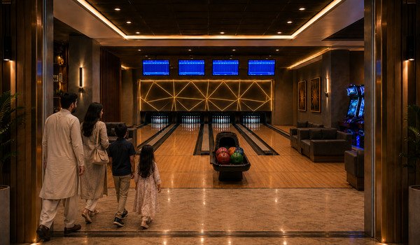 A family walking in towards the bowling lanes at QS Galleria