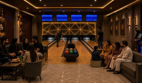 Groups seated either side of the lanes while a game is played