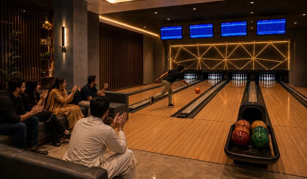 A player mid-throw as friends applaud from the lounge seating